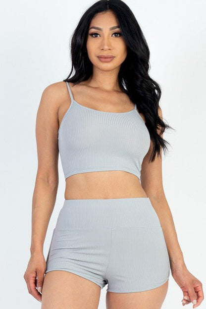 Ribbed Top & Ruched Biker Shorts Set - Blu Lotus Boutique