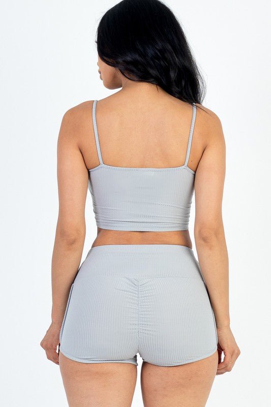 Ribbed Top & Ruched Biker Shorts Set - Blu Lotus Boutique