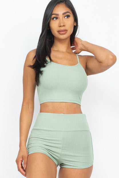 Ribbed Top & Ruched Biker Shorts Set - Blu Lotus Boutique