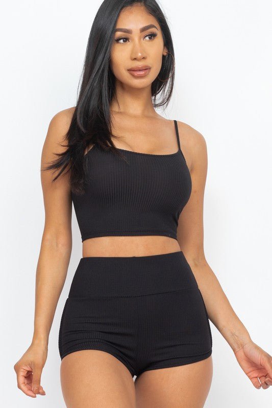 Ribbed Top & Ruched Biker Shorts Set - Blu Lotus Boutique