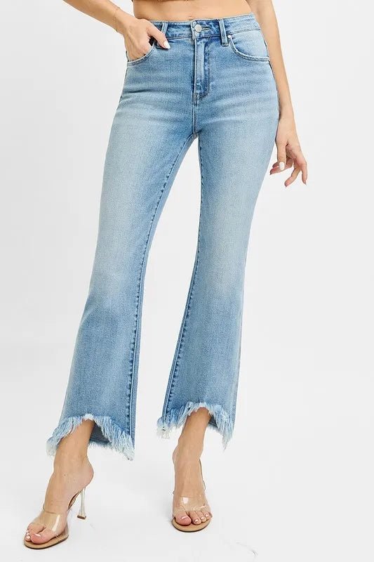 RISEN Full Size High Rise Crop Bootcut Fray Hem Jeans Plus Size - Blu Lotus Boutique