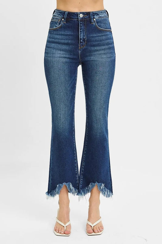RISEN Full Size High Rise Crop Bootcut Fray Hem Jeans Plus Size - Blu Lotus Boutique