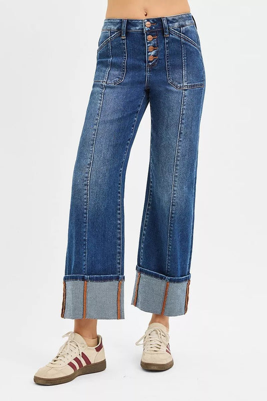 RISEN Full Size High Rise Crop Wide Straight Cuffed Jeans Plus Size - Blu Lotus Boutique