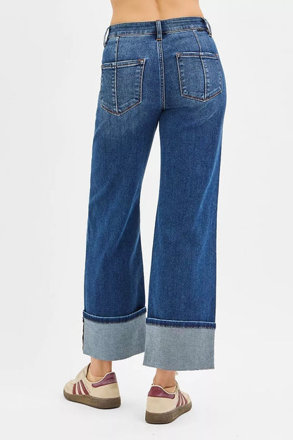 RISEN Full Size High Rise Crop Wide Straight Cuffed Jeans Plus Size - Blu Lotus Boutique