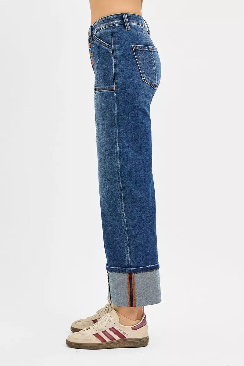 RISEN Full Size High Rise Crop Wide Straight Cuffed Jeans Plus Size - Blu Lotus Boutique
