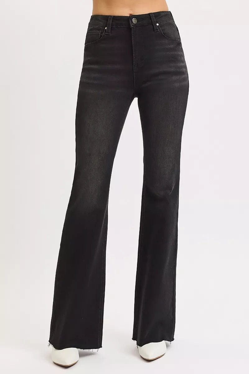 RISEN Full Size High Rise Flare Raw Cut Hem Jeans Plus Size - Blu Lotus Boutique