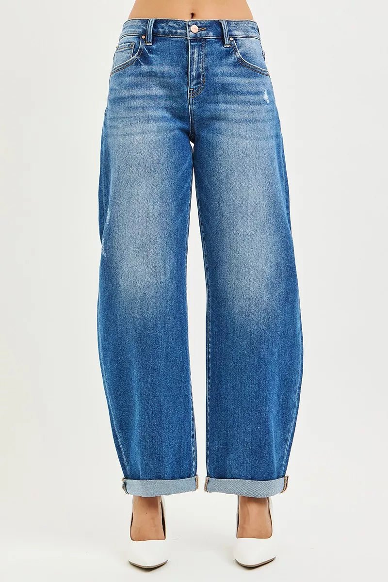 RISEN Full Size Mid Rise Barrel Double Roll Up Jeans Plus Size - Blu Lotus Boutique