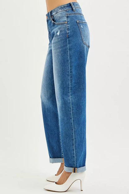 RISEN Full Size Mid Rise Barrel Double Roll Up Jeans Plus Size - Blu Lotus Boutique