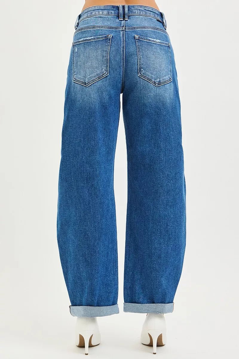 RISEN Full Size Mid Rise Barrel Double Roll Up Jeans Plus Size - Blu Lotus Boutique