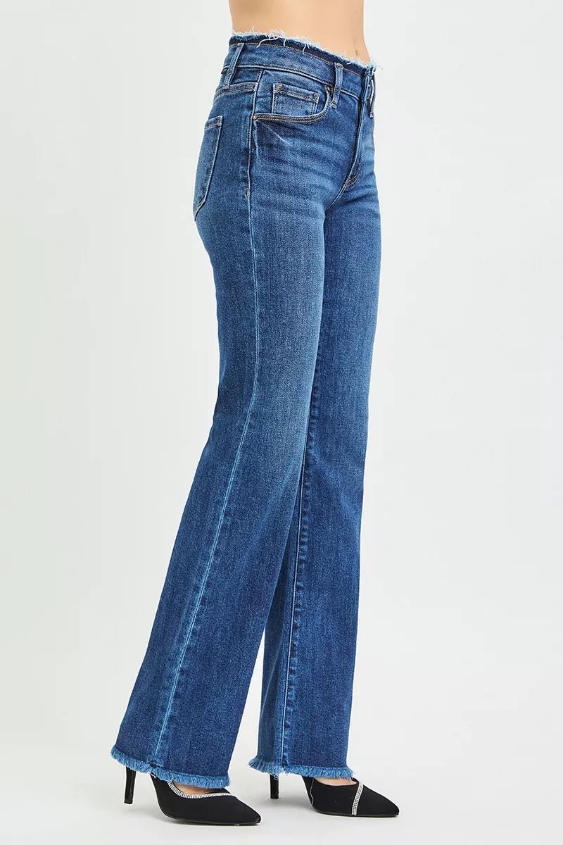 RISEN Full Size Mid Rise Bootcut Frayed Waistband Hem Detail Jeans Plus Size - Blu Lotus Boutique