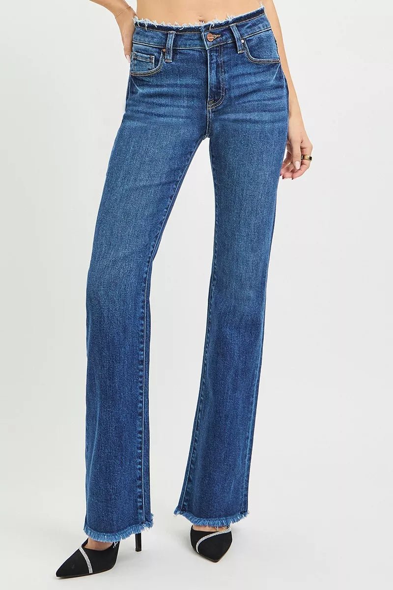 RISEN Full Size Mid Rise Bootcut Frayed Waistband Hem Detail Jeans Plus Size - Blu Lotus Boutique
