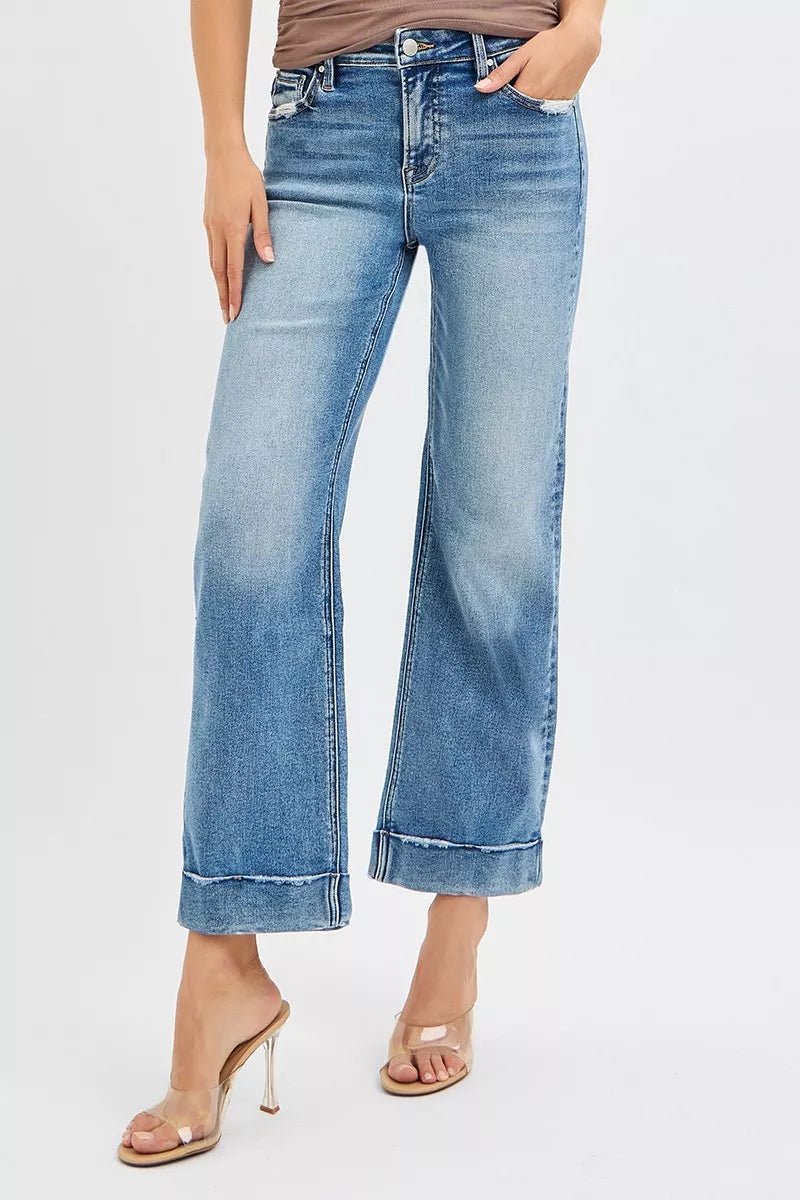 RISEN Full Size Mid Rise Crop Straight Jeans with Taylor Cuffed Plus Size - Blu Lotus Boutique