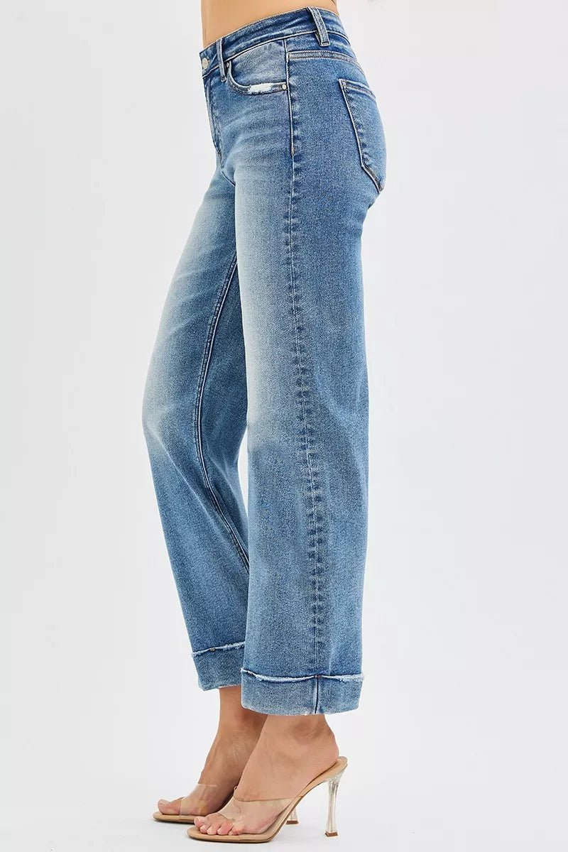 RISEN Full Size Mid Rise Crop Straight Jeans with Taylor Cuffed Plus Size - Blu Lotus Boutique