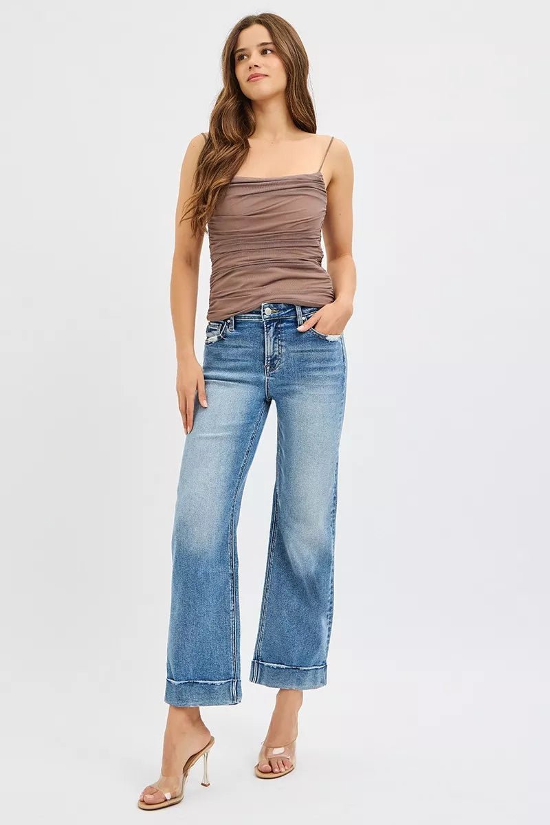 RISEN Full Size Mid Rise Crop Straight Jeans with Taylor Cuffed Plus Size - Blu Lotus Boutique