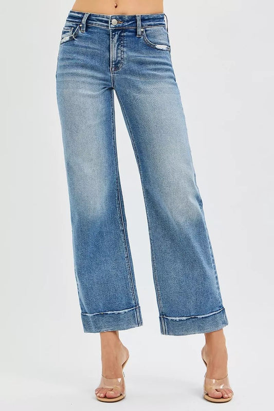 RISEN Full Size Mid Rise Crop Straight Jeans with Taylor Cuffed Plus Size - Blu Lotus Boutique