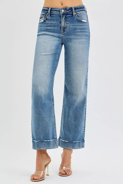 RISEN Full Size Mid Rise Crop Straight Jeans with Taylor Cuffed Plus Size - Blu Lotus Boutique