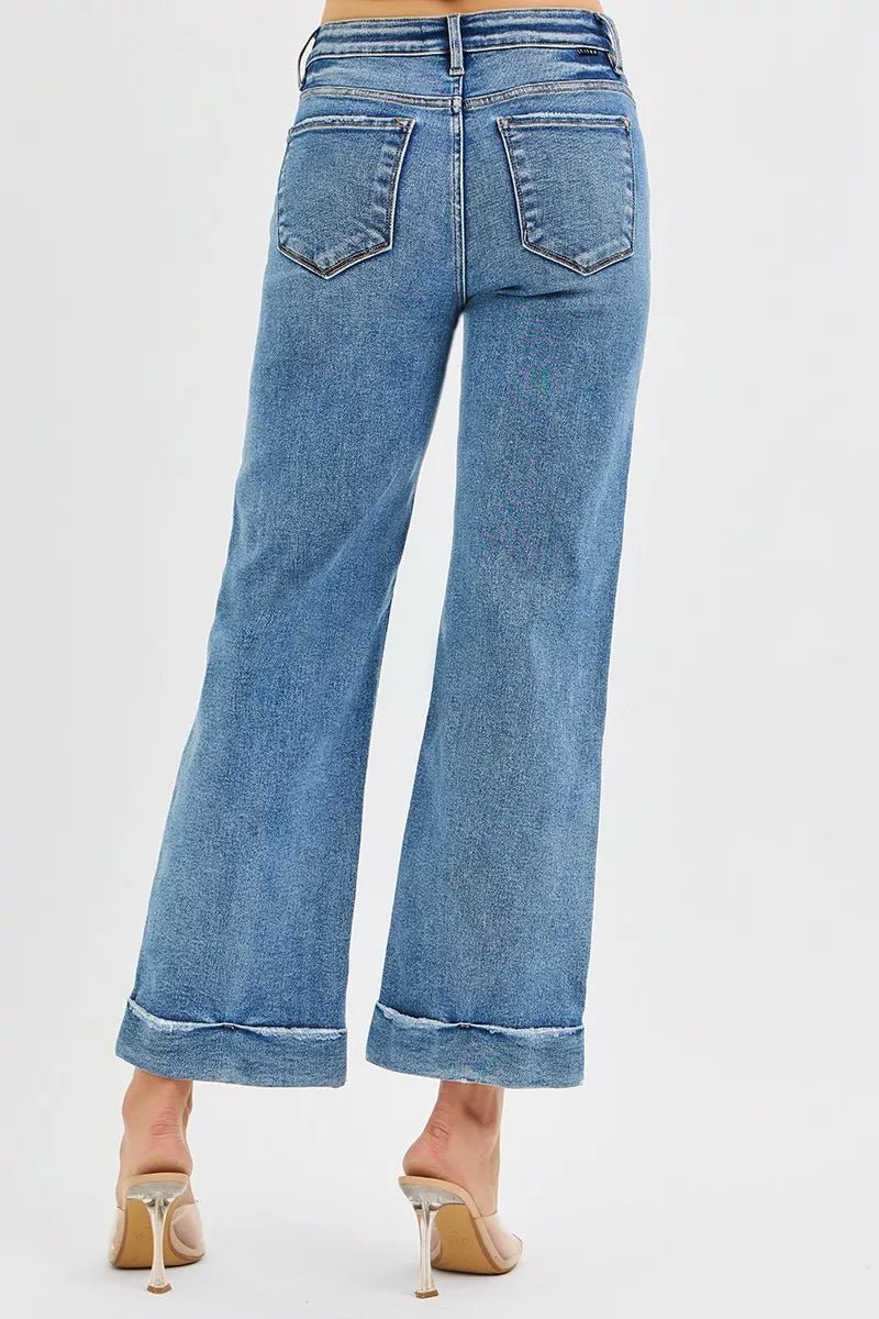 RISEN Full Size Mid Rise Crop Straight Jeans with Taylor Cuffed Plus Size - Blu Lotus Boutique