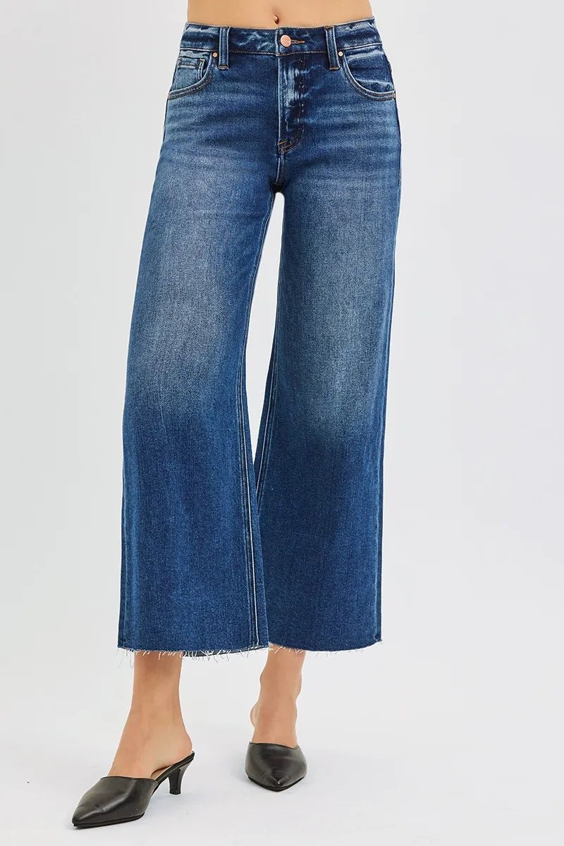RISEN Full Size Mid Rise Crop Wide Raw Cut Hem Jeans Plus Size - Blu Lotus Boutique