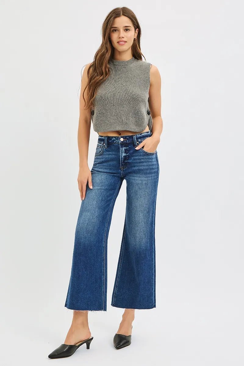 RISEN Full Size Mid Rise Crop Wide Raw Cut Hem Jeans Plus Size - Blu Lotus Boutique
