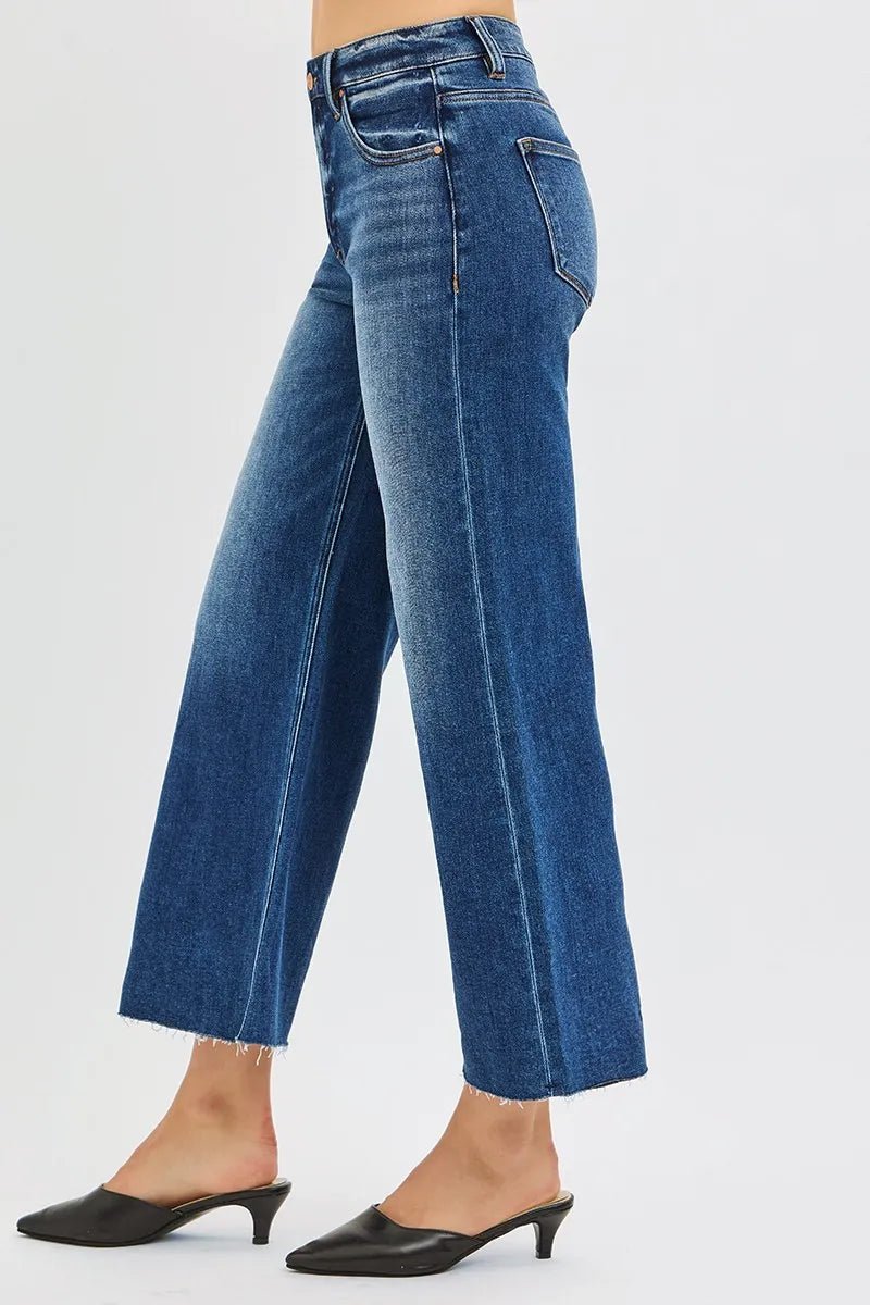 RISEN Full Size Mid Rise Crop Wide Raw Cut Hem Jeans Plus Size - Blu Lotus Boutique