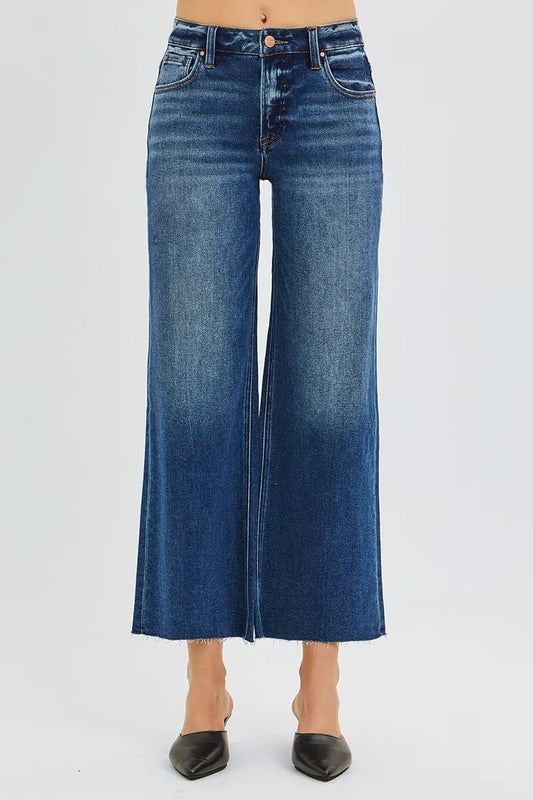 RISEN Full Size Mid Rise Crop Wide Raw Cut Hem Jeans Plus Size - Blu Lotus Boutique