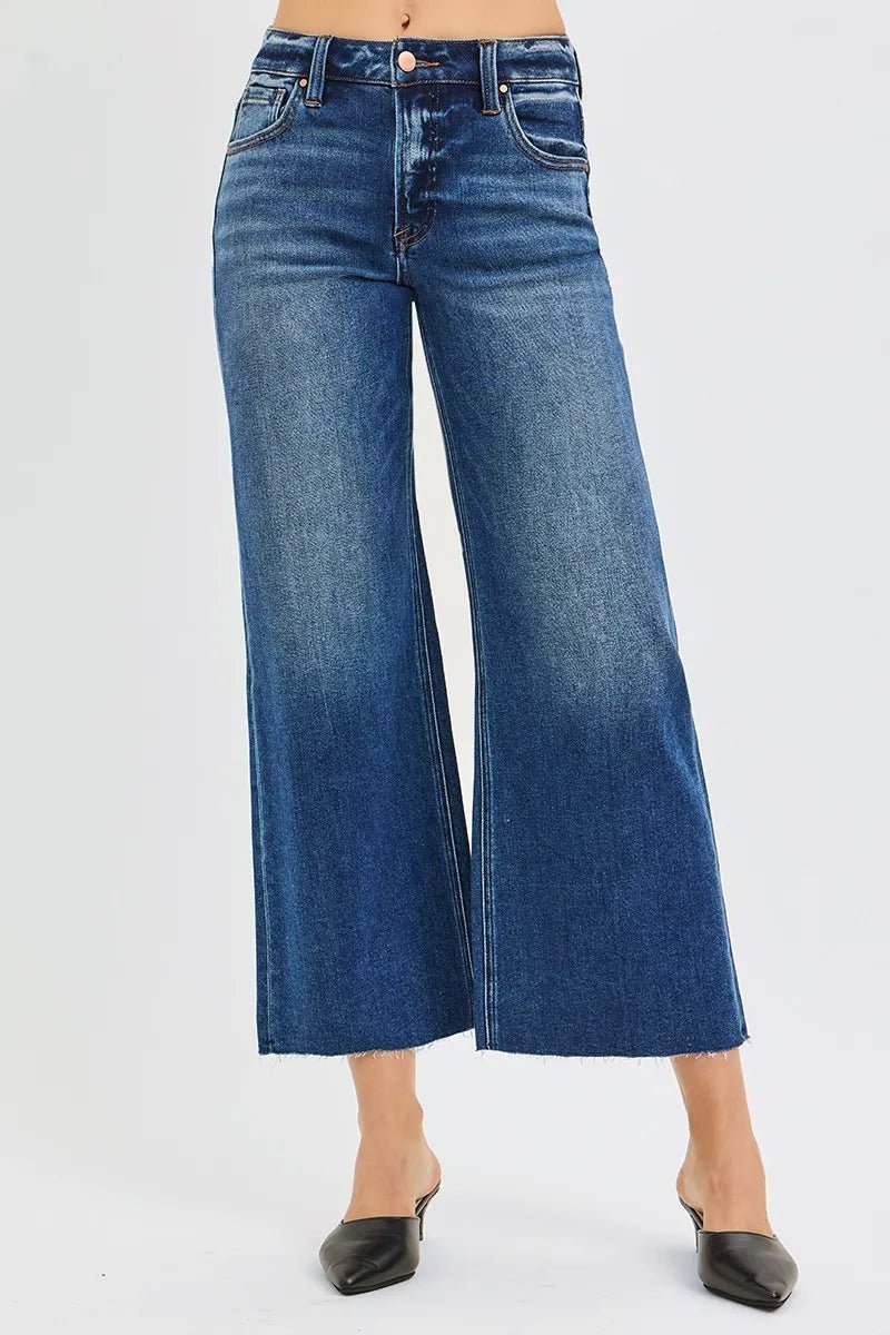 RISEN Full Size Mid Rise Crop Wide Raw Cut Hem Jeans Plus Size - Blu Lotus Boutique