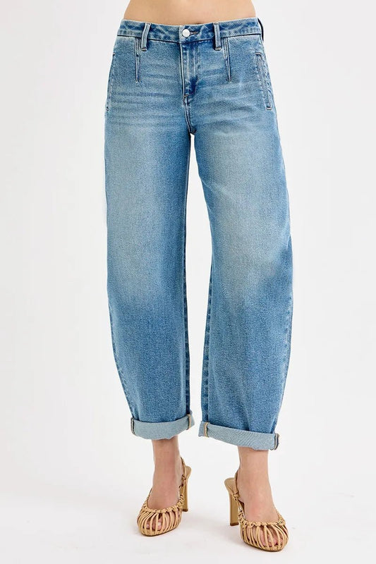 RISEN Full Size Mid Rise Fit Barrel Roll Up Jeans Plus Size - Blu Lotus Boutique