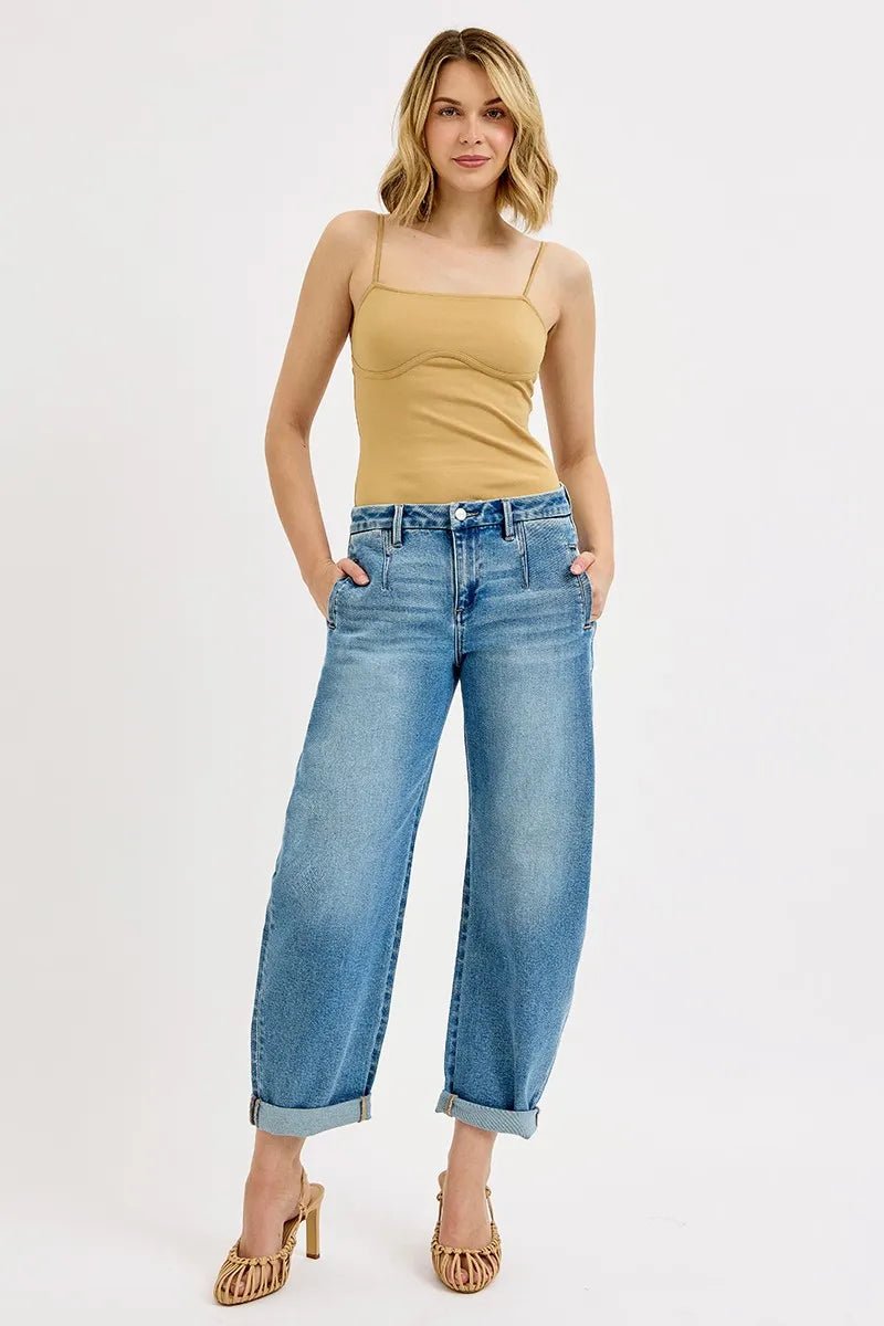 RISEN Full Size Mid Rise Fit Barrel Roll Up Jeans Plus Size - Blu Lotus Boutique