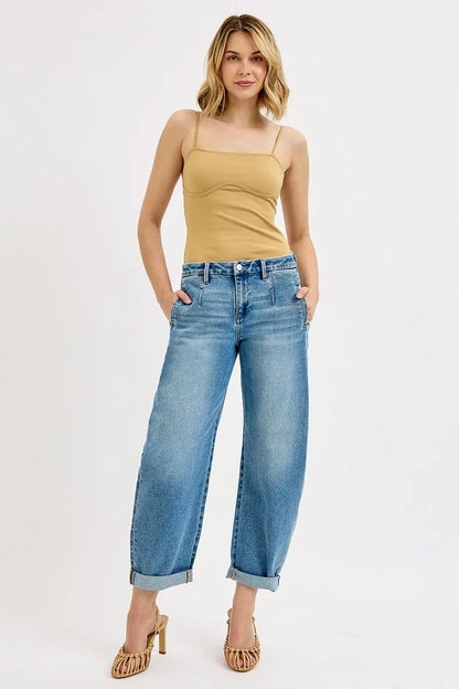 RISEN Full Size Mid Rise Fit Barrel Roll Up Jeans Plus Size - Blu Lotus Boutique