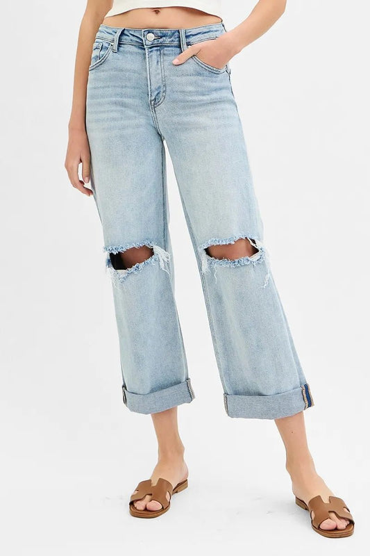 RISEN Full Size Mid Rise Fit Boyfriend Jeans with Cuff Plus Size - Blu Lotus Boutique