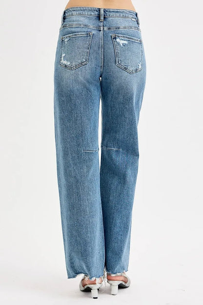 RISEN Full Size Mid Rise Fit Wide Baggy Leg Tie Washed Jeans Plus Size - Blu Lotus Boutique