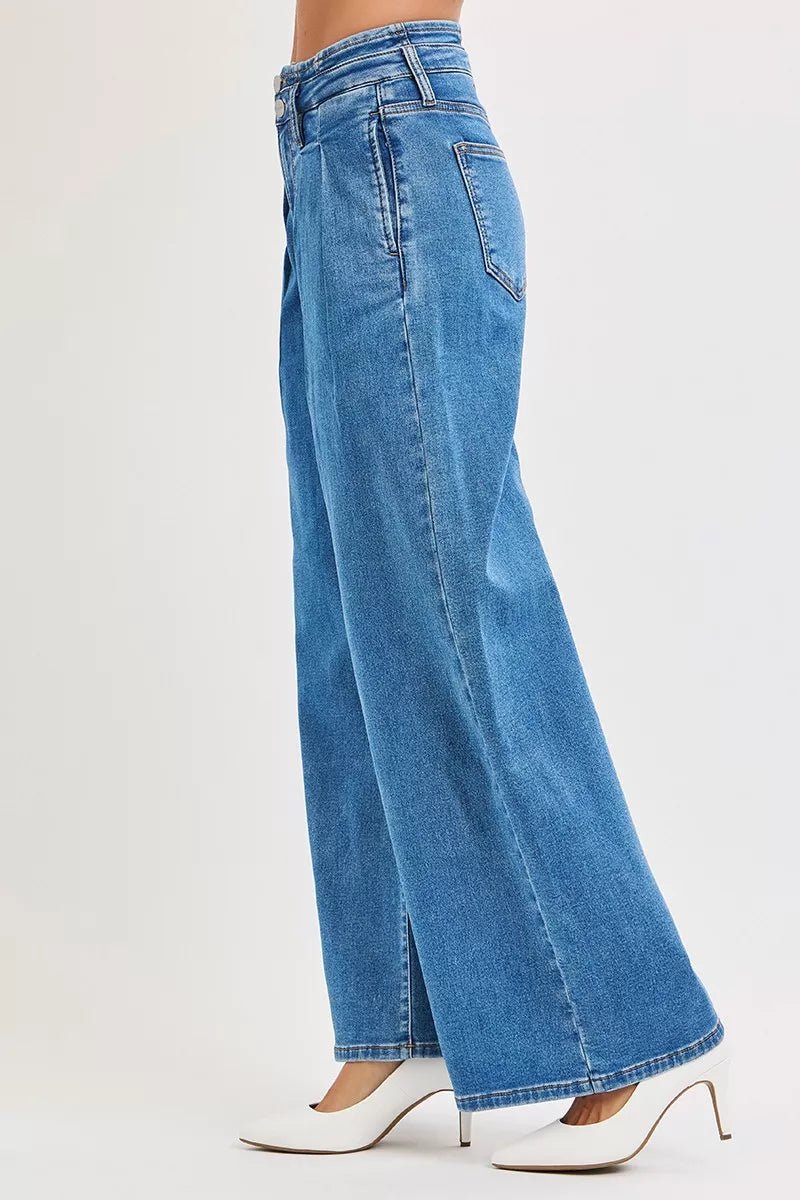 RISEN Full Size Mid Rise Fit Wide Leg with Pleated Detail Jeans Plus Size - Blu Lotus Boutique