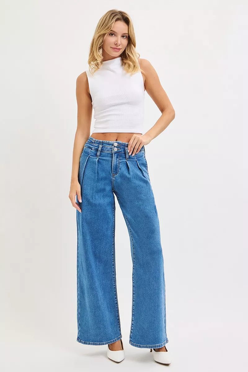 RISEN Full Size Mid Rise Fit Wide Leg with Pleated Detail Jeans Plus Size - Blu Lotus Boutique