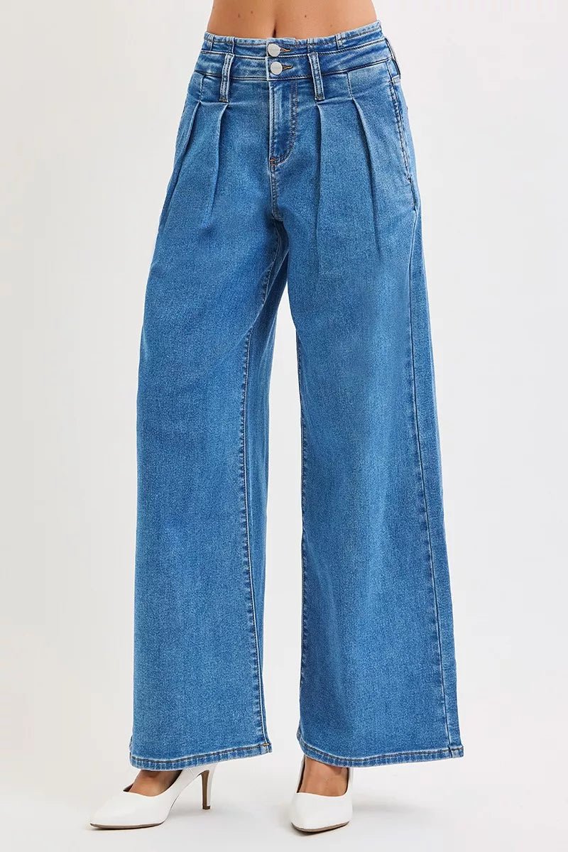 RISEN Full Size Mid Rise Fit Wide Leg with Pleated Detail Jeans Plus Size - Blu Lotus Boutique