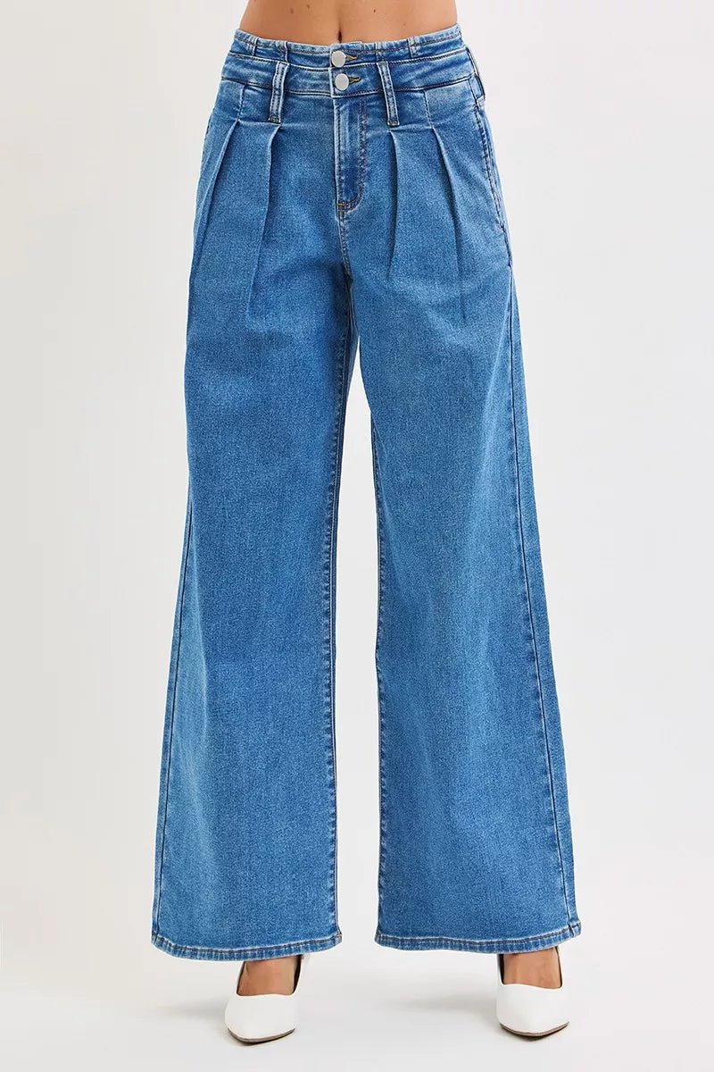 RISEN Full Size Mid Rise Fit Wide Leg with Pleated Detail Jeans Plus Size - Blu Lotus Boutique