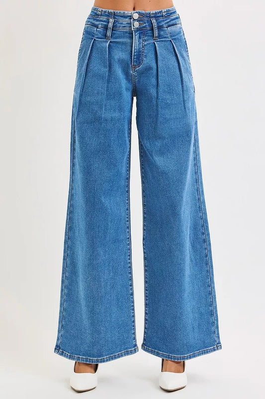 RISEN Full Size Mid Rise Fit Wide Leg with Pleated Detail Jeans Plus Size - Blu Lotus Boutique