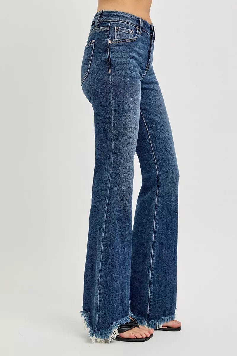 RISEN Full Size Mid Rise Flare Frayed Hem Jeans Plus Size - Blu Lotus Boutique