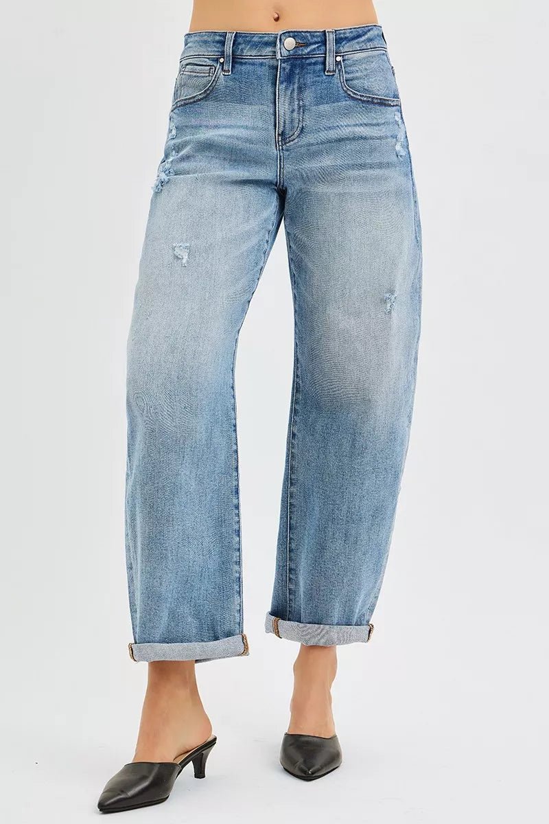 RISEN Full Size Slouchy Ankle Length Barrel Jeans with Cuffs Plus Size - Blu Lotus Boutique