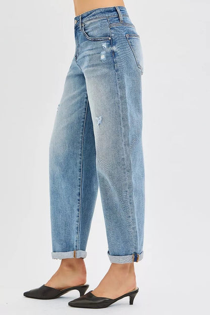 RISEN Full Size Slouchy Ankle Length Barrel Jeans with Cuffs Plus Size - Blu Lotus Boutique