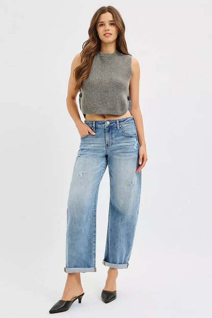 RISEN Full Size Slouchy Ankle Length Barrel Jeans with Cuffs Plus Size - Blu Lotus Boutique