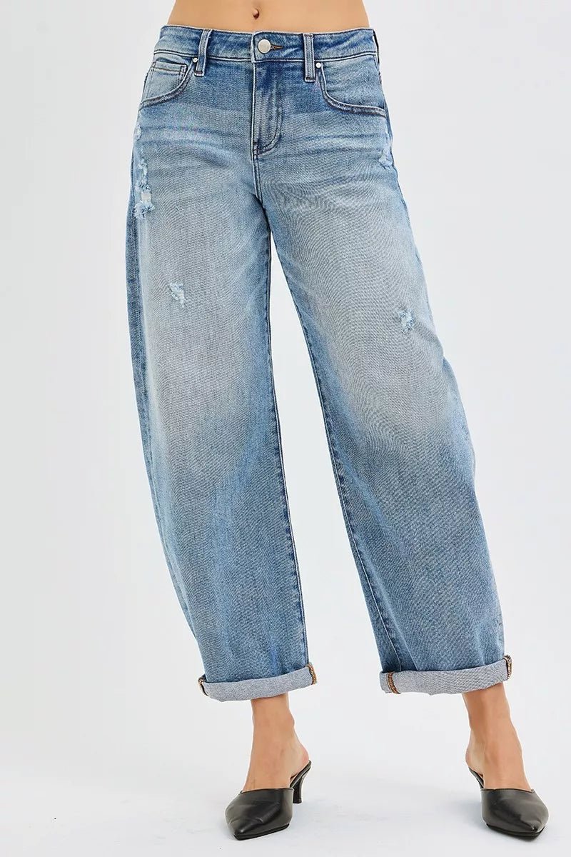 RISEN Full Size Slouchy Ankle Length Barrel Jeans with Cuffs Plus Size - Blu Lotus Boutique