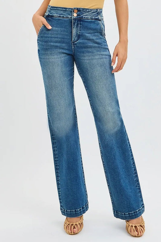 RISEN Full Size Tummy Control High Rise Bootcut Jeans with Double Button Waistband Plus Size - Blu Lotus Boutique
