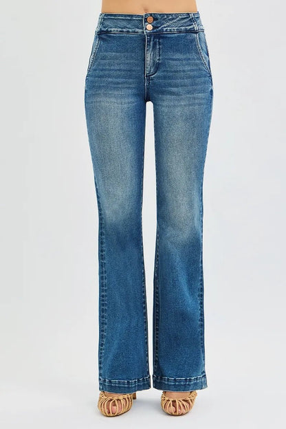 RISEN Full Size Tummy Control High Rise Bootcut Jeans with Double Button Waistband Plus Size - Blu Lotus Boutique