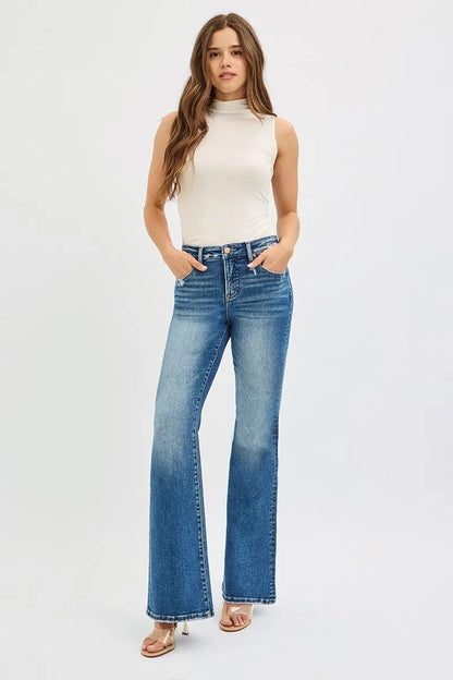 RISEN Full Size Tummy Control High Rise Flare Jeans Plus Size - Blu Lotus Boutique
