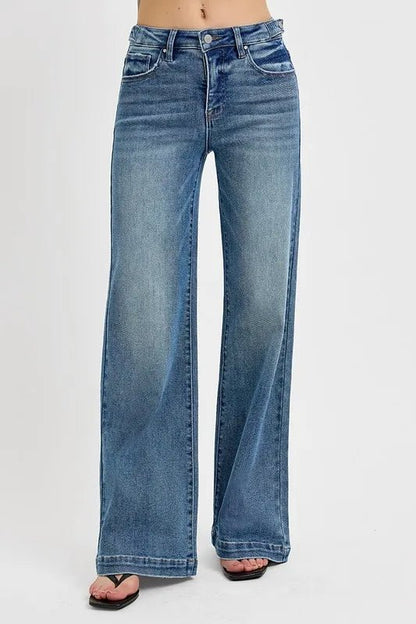 RISEN Full Size Tummy Control High Rise Wide Adjustable Waist Band Jeans Plus Size - Blu Lotus Boutique