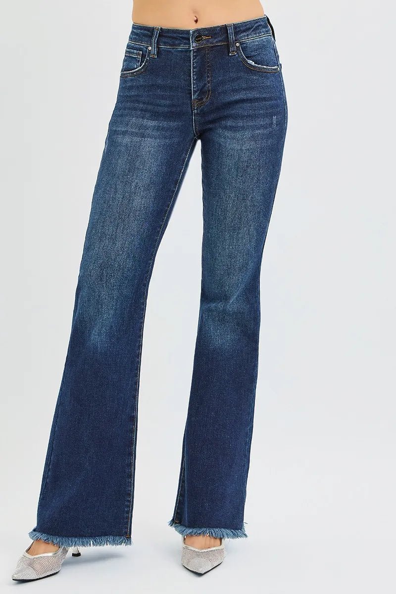 RISEN Full Size Tummy Control Mid Rise Flare Jeans Plus Size - Blu Lotus Boutique
