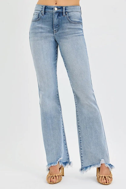 RISEN Full Size Tummy Control Mid Rise Flare Jeans with Fray Hem Detailed Plus Size - Blu Lotus Boutique