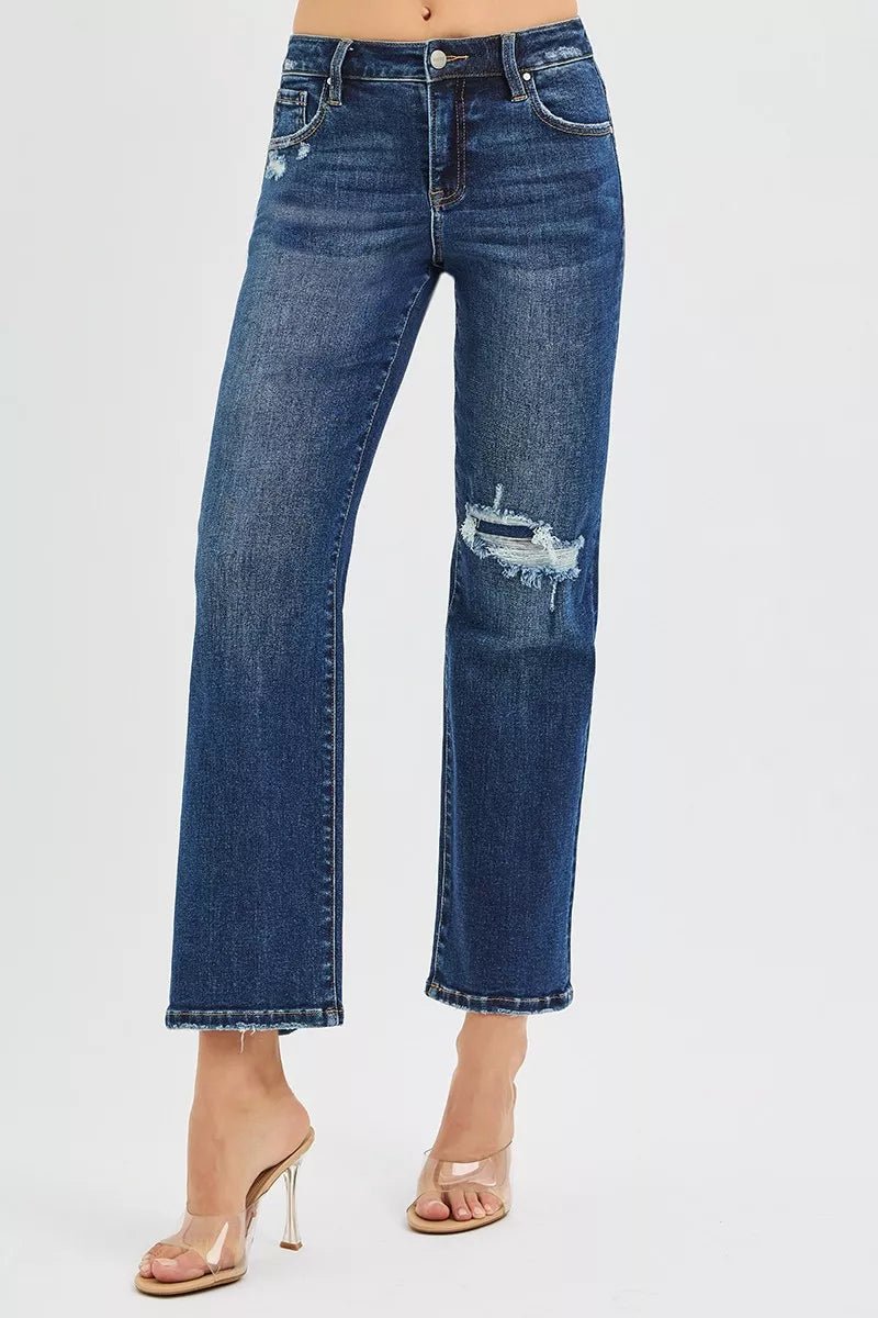 RISEN High Rise Crop Slim Straight Jenas with Hidden Knee Patch - Blu Lotus Boutique
