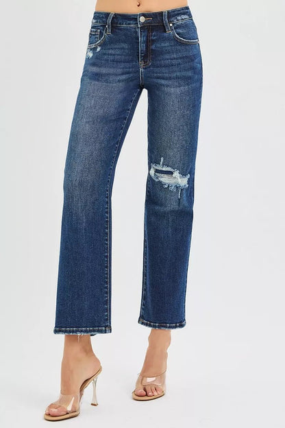 RISEN High Rise Crop Slim Straight Jenas with Hidden Knee Patch - Blu Lotus Boutique