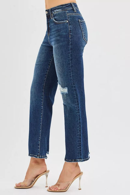 RISEN High Rise Crop Slim Straight Jenas with Hidden Knee Patch - Blu Lotus Boutique
